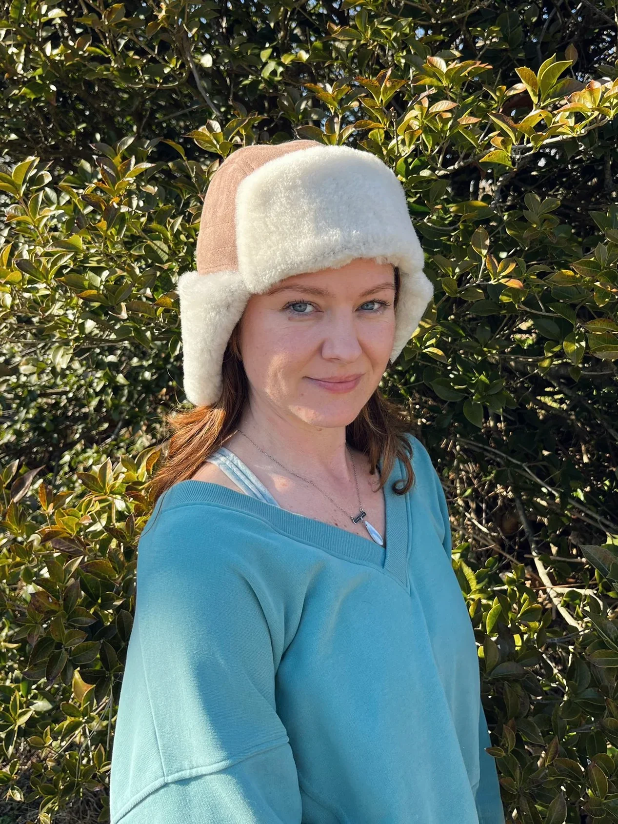 Sheepskin and Leather Pilot Hat in Walnut - Image 3