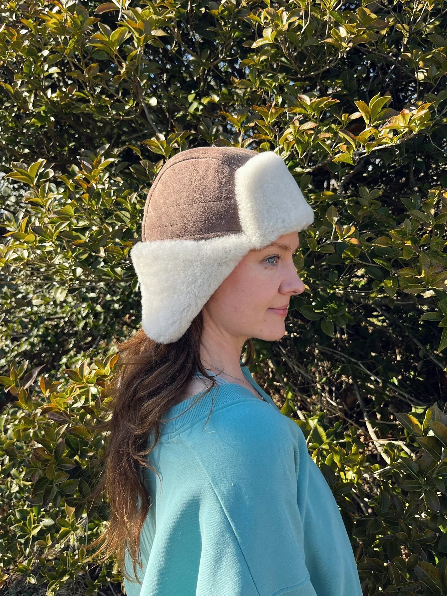 Sheepskin and Leather Pilot Hat in Walnut - Image 4