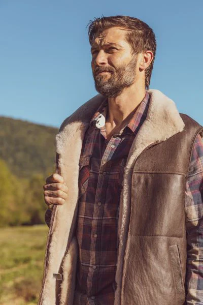 Sheepskin Mens Vest in Brown Leather - Image 3