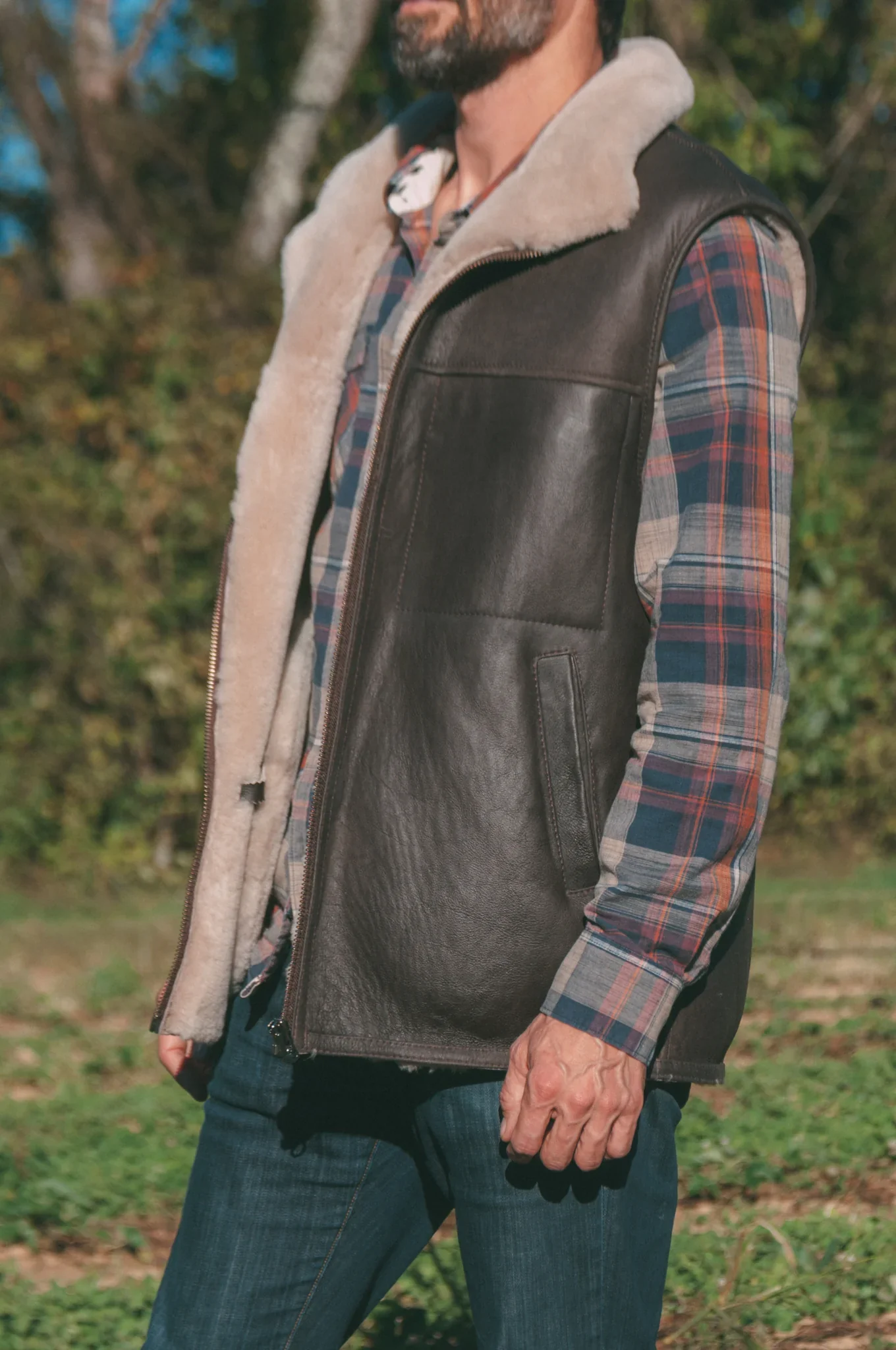 Sheepskin Mens Vest in Brown Leather - Image 5
