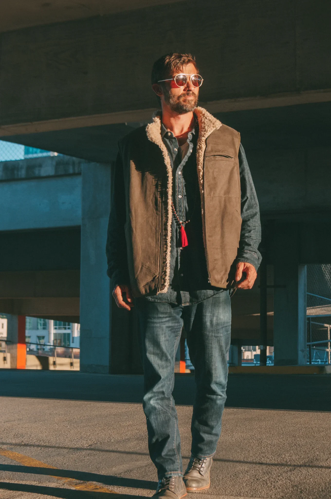 Shearling Sheepskin Mens Vest in Forest Green - Image 3